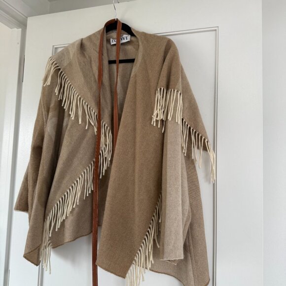 Loewe Cape Blanket Shawl Fringe In Neutral Cashmere Wool With Belt Sz 36 - Picture 5 of 12